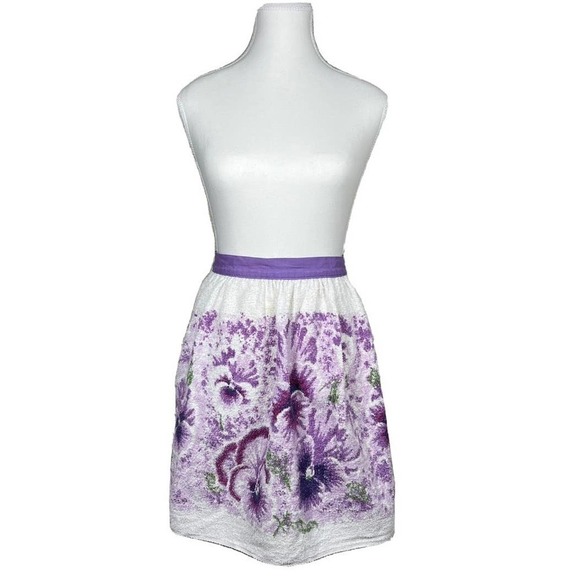 Vintage 70’s Sayco Apron Terry Cloth Purple Pansies Print MCM Kitchen Cooking - Picture 1 of 13